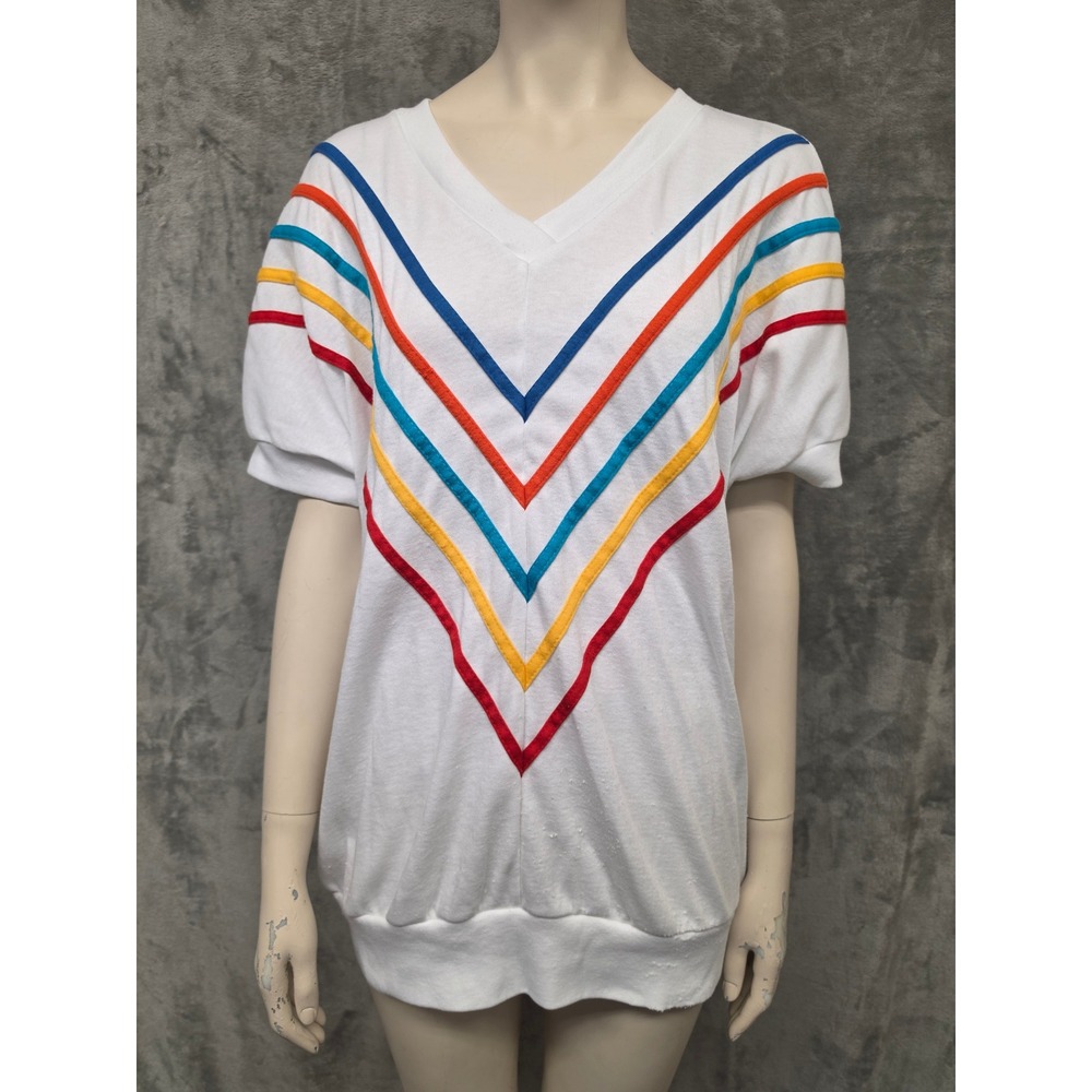 Vintage Young Stuff II White Rainbow Chevron V-Neck Short Sleeve Top USA Made